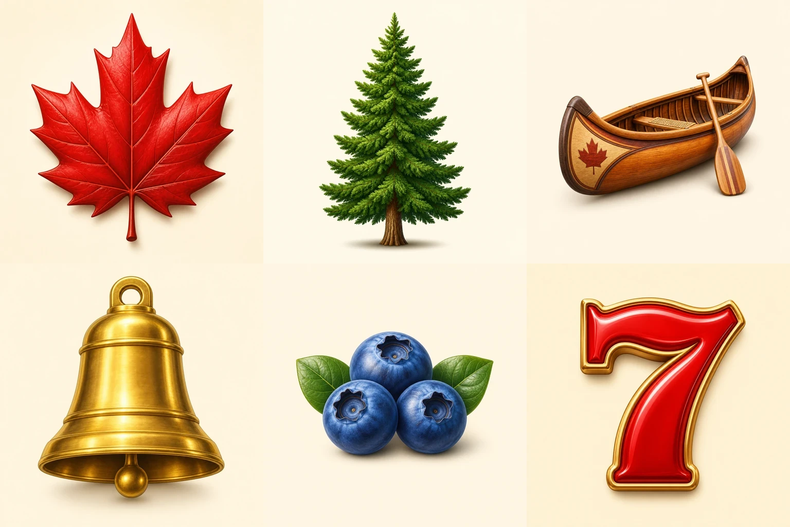 Six illustrated Northern Reels symbols on a cream background