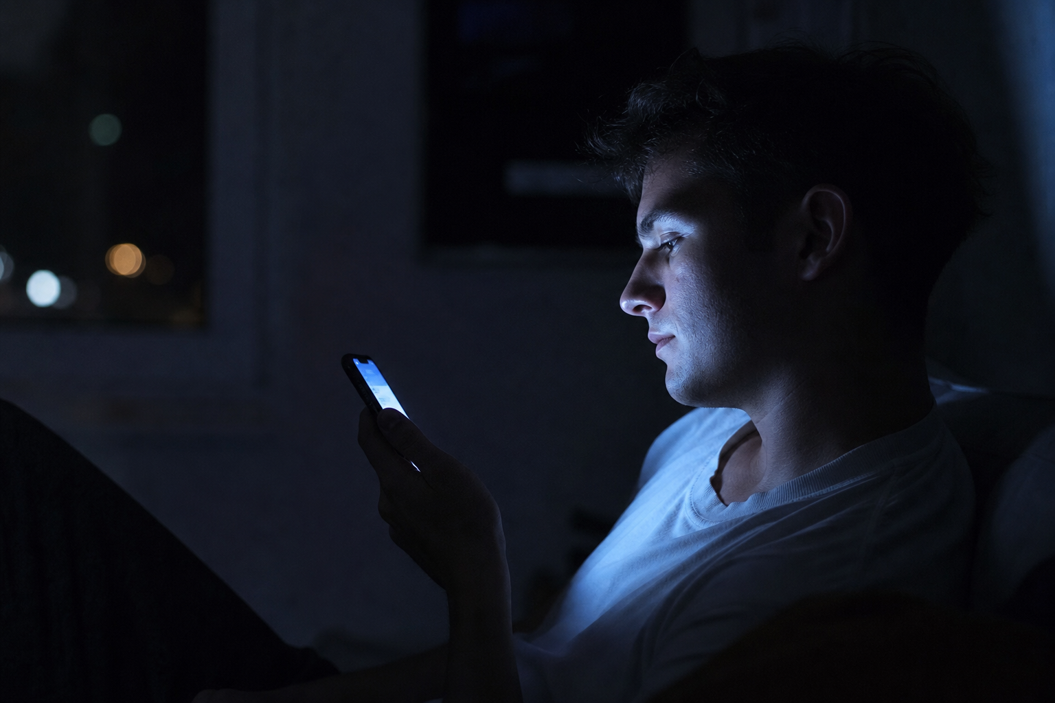 Adult in profile at night, face gently lit by a smartphone screen in a dark room.